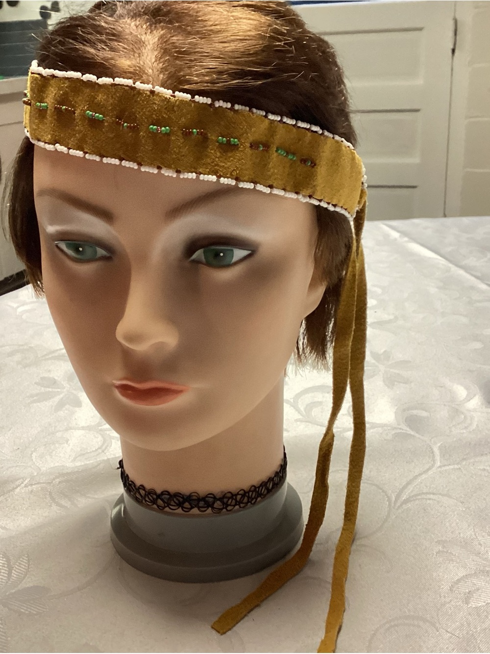 Beaded Mustard Yellow Velvet Headband with Ties